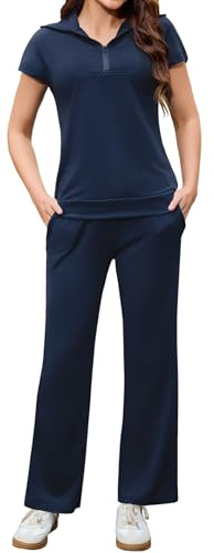 Aottori Completa Sportiva Donna Due Pezzi Tuta da Ginnastica Elegante Tute Casa Cotone T-Shirt con Zip e Pantaloni Della Sportwear per Jogging Training Yoga Blu Scuro XL