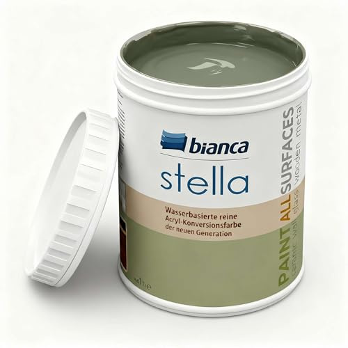 Bianca Stella Universalfarbe Ohne Schleifen - Wasserbasierte Parfümierte Renoiverfarbe für Möbel, Holz, Fliesen, Metall & Kunststoff - Olivgrün, Glänzend, Kratzfest, Hochdeckend, 1000ml