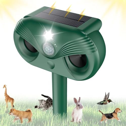 Solar Cat Repellent for Gardens UK, Ultrasonic Animal Repeller, Waterproof Cat Deterrent with PIR Motion Sensor,4 Modes, Highly Effective for Squirrel, Dog, Cat, Fox, Bird (Green)