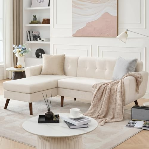 Tbfit L Shaped Couch Sofa, 80 W Mid-Century Modern Sectional Couches, 3 Seater Sofas with Wide Chaise Lounge, Button Tufted Upholstered Sectional Sofa for Living Room, Bedroom, Beige