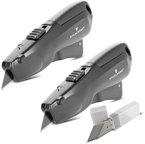 STAHLWERK Cuttermesser mit 10 Schnellwechsel-Klingen UCM-19 ST (2er Set) - Sicherheitsmesser mit automatischem Klingenrückzug und Sicherheitsverriegelung
