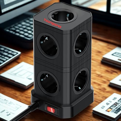 YOURSPARES Regleta Vertical con 4 Puertos USB, Torre Multienchufe con 9 Tomas de Corriente, Base Múltiple Desmontable, Negro