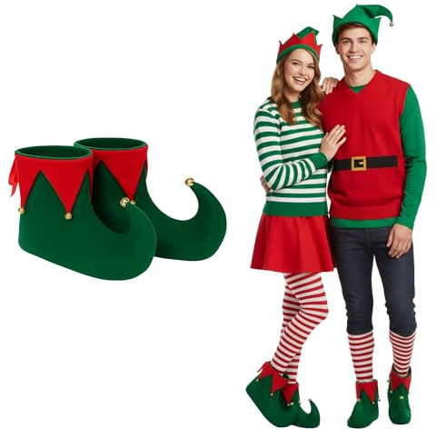 Adults Deluxe Christmas Elf Shoe Covers with Bells – Red & Green Fancy Dress Boot Covers | Christmas Costume Accessory for Xmas Parties, Santa’s Helper & Holiday Outfits