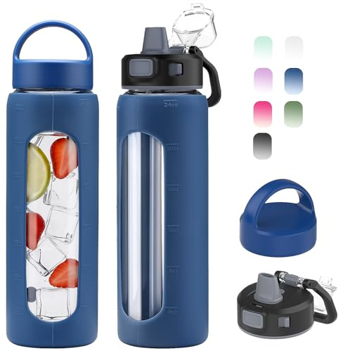 Kodrine 24oz Glass Water Bottle With Straw and 2 Lids, Blue