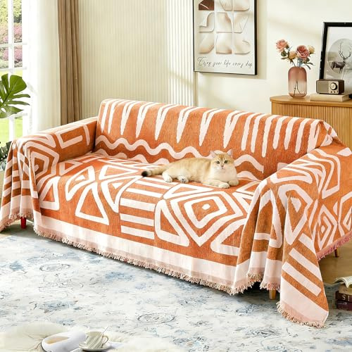 JTKDG Boho Sofa Cover 3 Seater, Chenille Couch Cover for Corner Sofa Washable Sofa Slipcover Couch Protector Loveseat L Shaped Covers with Tassel for All Seasons, Orange, 180 x 340cm