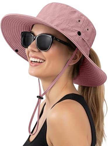 Lonya Cappello Sole Donna Estivo con Foro per Codino Protezione UV Cappelli Tesa Larga Safari Mare Trekking Uomo Cappello Pescatore,B-Rosa
