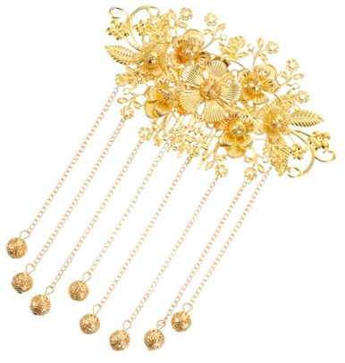 MUCKLILY Épingle à Cheveux Mariage Chinoise Traditionnelle en Métal Doré Pompon Long Peigne Floral en Cristal et Perles Accessoire Coiffure Fait Main pour Mariée et Occasions Spéciales