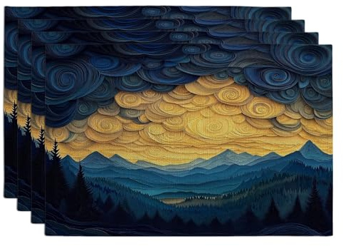 Mountain Tree Forest Placemats Set of 4, 12x18 Inch, Quilling Paper Nature Landscape 4Pcs Table Mats for Home Dinning, Cool Scenery Holiday Party Kitchen Decor