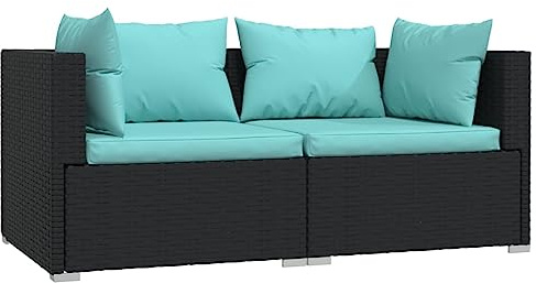 XHNIFBN Divano da giardino a 2 posti, per esterni, in rattan sintetico, comodo gruppo di sedute con imbottiture in blu marino, stabile struttura in acciaio, mobili da terrazza, 140 x 70 x 60,5 cm