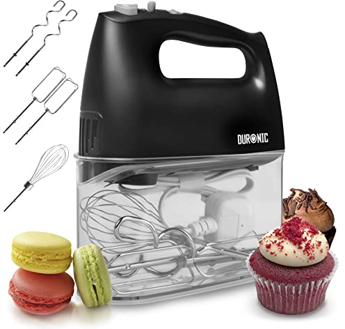 Duronic HM4 BK Batidora de Varillas, Batidora Amasadora Repostería 400W, 5 Velocidades. 2 Varillas Batidoras, 2 Ganchos, 1 Varilla Globo - Acero Inoxidable Grado Alimenticio - BPA Free - Color Negro