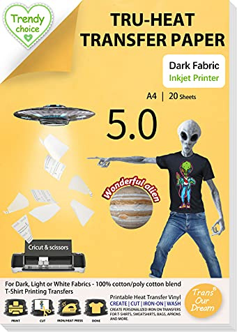 TransOurDream Tru-Heat Transfer Paper for Dark T Shirts & Fabrics (20 Sheets A4, Dark 5.0) Iron On Transfer Paper with Inkjet Printer Easy to Cricut Bright Colors Printable Htv (Trans-05-20)