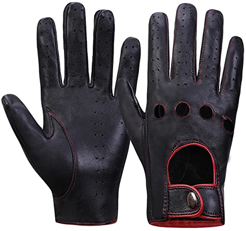 MGGMOKAY Guanti da guida in pelle touchscreen da uomo sfoderati,nerorosso,XL