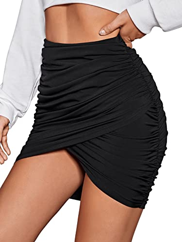 GORGLITTER Damen Enger Rock Gerüscht Minirock Figurbetonter Röcke Bodycon Sommerrock Freizeitrock mit Rüschen Schwarz L