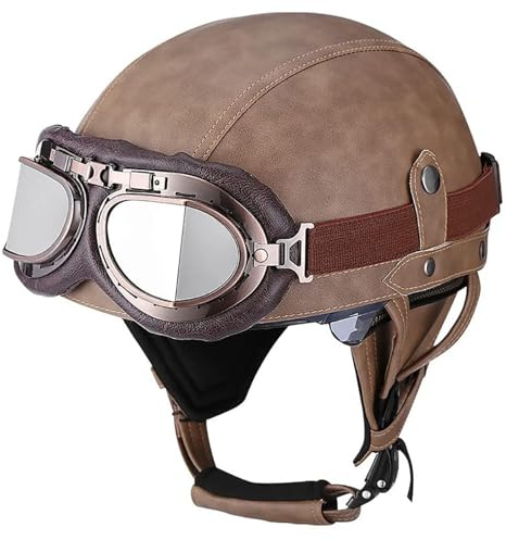 Vintage läderhjälm Motorcykelhjälm retro skoter Halvhjälm Öppet ansiktshjälmband UV-glasögon DOT ECE-godkänd Vuxen Män Kvinnor Jethjälm,K-M=(57~58cm)