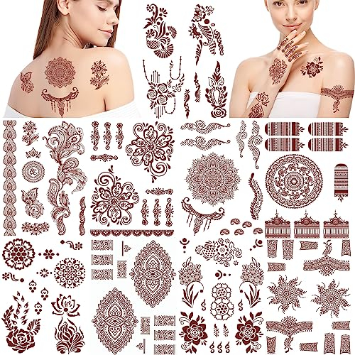 DPKOW 9 Marron Rouge Tatouages Temporaires pour Femme Filles Lotus Mandala Fleur Tatouage Autocollants Indien Dentelle Tatouages Main Bras Corporel Art Imperméable Faux Taouages Aïd Eid Tattoo