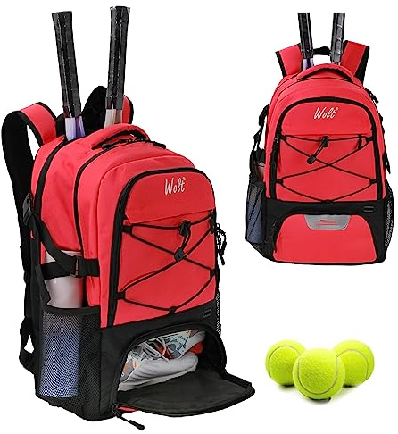 WOLT Bolsa de Tenis, Mochila Grande para Raqueta de Tenis para Hombres y Mujeres, Compartimento ventilado para Zapatos, Capacidad para 2 Raquetas, Color Rojo
