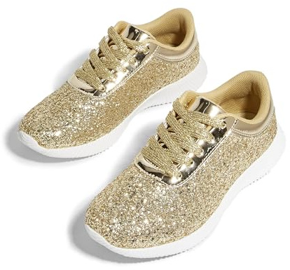 LUCKY STEP Women's Glitter Shoes Sparkly Lightweight Metallic Sequins Tennis Sneakers (Gold, 11US-42EU-9UK)