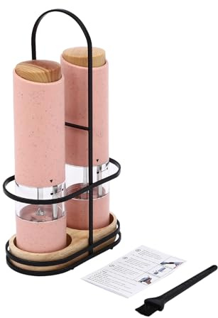 2 Moulins automatiques LED et Grossièreté Réglable Set Moulins à Sel et Poivre électrique Acier brossé Inox Finesse de broyage réglable, Meules en Céramique, pour épices séchées (rose)