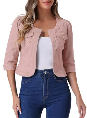 Allegra K Veste en Jean pour Femme Sans Col à Manches 3/4 Devant Ouvert Blouson en Demin Délavé