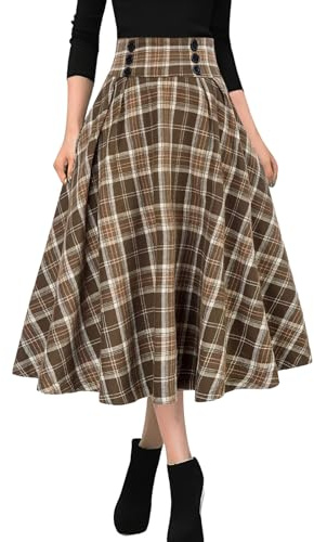 MGizo DtiSpectrum Faldas Plisadas a Cuadros para Mujer - Falda Tartán Vintage de Cintura Alta Elástica con Botones Decorativos en la Parte Delantera, Falda Escocesa Plisada Acampanada de Largo Midi