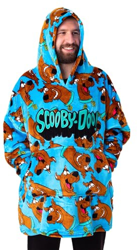 Scooby-Doo! Mens Wearable Blanket Hoodie | Adults Hooded Pullover in Blue Character All Over Graphic Print | One Size Sherpa Lined Loungewear | Animated Cartoon Series Merchandise Gift