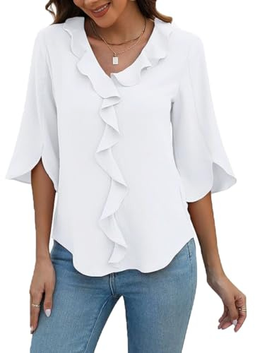 ABINGOO Femme Chemisier Chic Elegant Col en V 3/4 Manches Tunique Haut | Couleur Unie Mousseline Fluide Blouse Travail T-Shirt Casual Large Tops