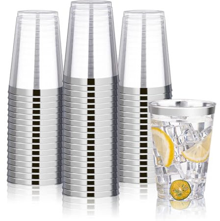 BESTVIP 12oz Silver Plastic Cups, 100 Pack Silver Rimmed Disposable Cups