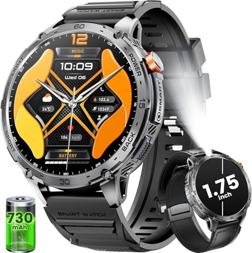 LIGE Smartwatch Men with LED Flashlight, 1.75 Inch AMOLED Military Smartwatch with Phone Function, 120+ Sports Modes, Heart Rate Sleep Monitor IP68 Waterproof Sport Watch for iOS Android Brown