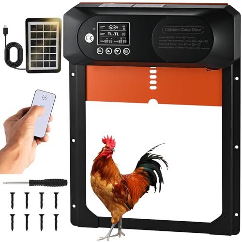 Automatische Hühnerklappe Solar, Cieex Größe Elektrische Hühnerklappe mit Timer, Wasserdicht LED Display, Lichtsensor, Fernbedienung, Auminum Solar Hühnerstalltür Intelligenter Einklemmschutz