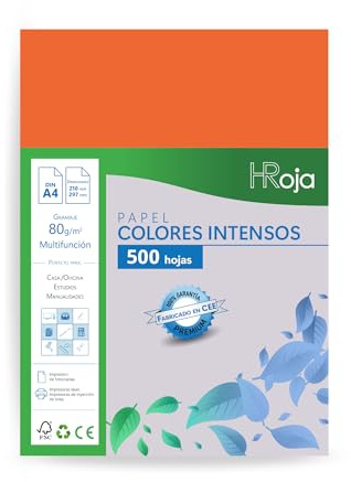 HRoja - Papel A4 Colores 80 gr, 500 hojas - Hecho en Europa - Folios Colores Multifunción para Impresora Inkjet y Láser | Ideal para Oficina, Hogar y Manualidades (500, Naranja In)