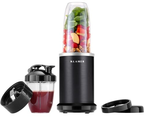 KLAMER Bullet Mixer 1000 Watt, Smoothie Maker, elektrischer Shake Mixer mit 2 Mixbehältern, 2 Klingen-Aufsätze und weiterem Zubehör