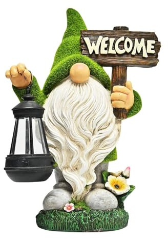 Rachlicy Divertente gnomo da giardino con lanterna solare e cartello di benvenuto, ornamenti solari da giardino, figurine di gnomo, regali per il prato del patio