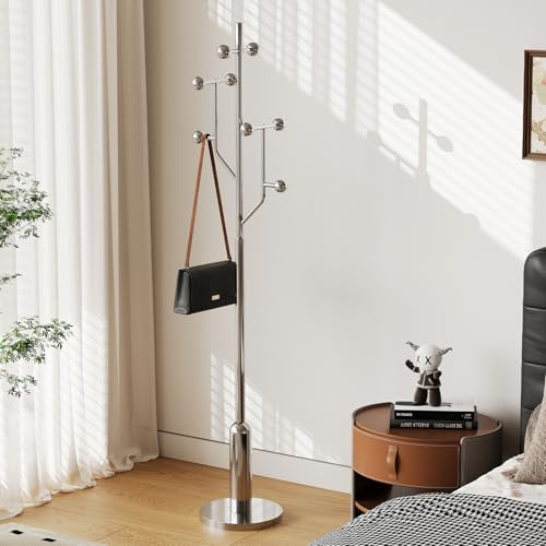 WOOW DEPOT Coat Stand with 32CM Weighted Round Base, Stainless Steel Freestanding Coat Rack with 8 Hooks, Tree Design Heavy Duty Coat Stands for Hallway Bedroom Living Room,180CM Height -Load 120KG