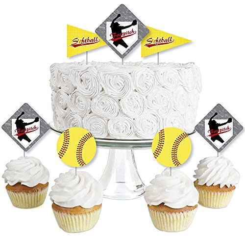 Big Dot of Happiness Grand Slam - Fastpitch Softball - Dessert Cupcake Toppers - Birthday Party or Baby Shower Clear Treat Picks - Set of 24