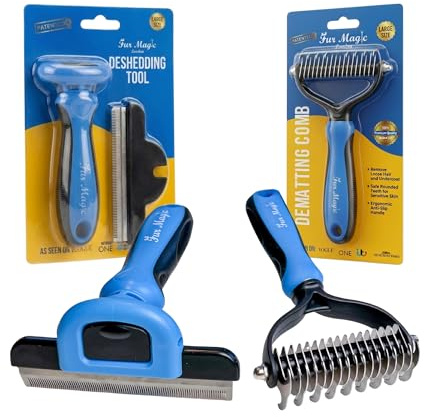 Fur Magic Deshedding Tool & Dematting Comb – Grooming Brushes for Dogs, Cats, Horses – Reduce Shedding and Remove Knots, Mats and Loose Undercoat, Large Size