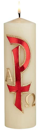 Needzo Chi Rho Alpha and Omega Pillar Candle for Christening, Holy Week, and Baptisms, Hand Decorated Catholic Candles Altar Decor for Church, 8 Inches