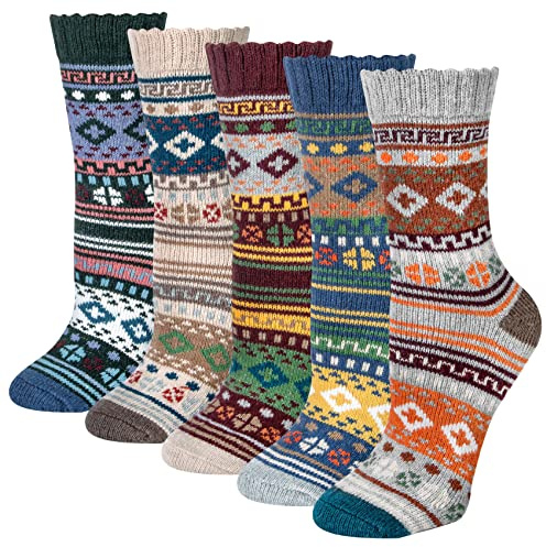 Justay 5 Pairs Merino Wool Socks Womens Thicken Thermal Knitting Crew Ladies Sock for Hiking Backpacking Climbing Winter（green, pink, red） (gray, burgundy, blue, beige, green)