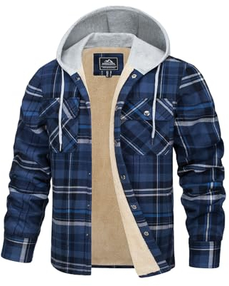 TACVASEN Herren Gefütterte Hemdenjacke Fleecejacke Kapuzenpullover Arbeiten Hemden Hoodies für Männer (L, Blau Grau)