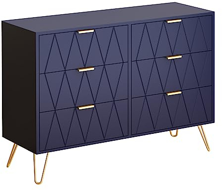 UEV Kommode mit 6 Schublanden 100x34x73cm Aufbewahrungsschrank für Kleidung Dokumente Spielzeug viel Stauraum Sideboard schmal für Wohnzimmer Schlafzimmer Kippsicherung Einfache Montage (Dunkelblau)