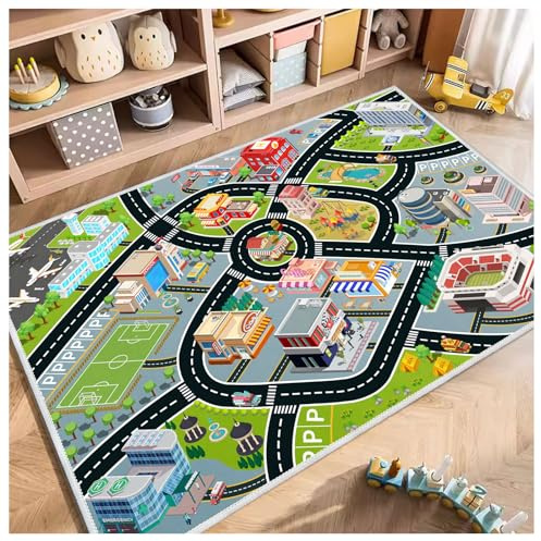 Kids Car Rug, Carpet Playmat for Toy Cars and Train, Road Traffic Play Mat for Kids, Play Area Rug with Non-Slip Backing, Ideal Gift for Children's Room playroom(2.6Ă3.9ft/31Ă47in)