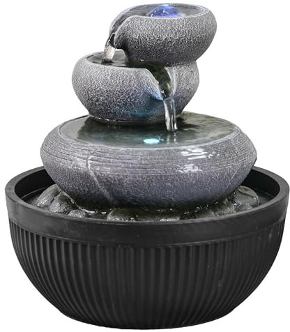 Fontaine d’Intérieur Cascade 3 Niveaux Jarre Effet Pierre Naturelle Lumière LED Coloré, Déco d’intérieur Zen et Élégant, Fontaine de Table, Idée Cadeau Exceptionnelle, H 21cm – Geelong Zen’Light