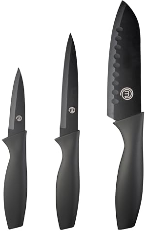 MasterChef Coltelli da Cucina, Set Coltello Chef per Carne & Verdure, Lama Affilato, Acciaio Inox, Prova di Calore, Manici Neri, Lavabile in Lavastoviglie, Professionali, 3 Pezzi Piccolo