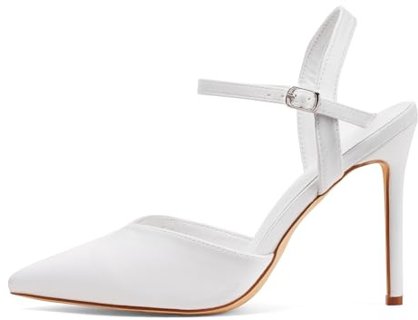 GENSHUO Eleganti Scarpe con Tacco Alto a Punta e Stiletto 10cm, Scarpe da Donna Sexy con Cinturino alla Caviglia per la Sera, Raso Bianco, 42 EU