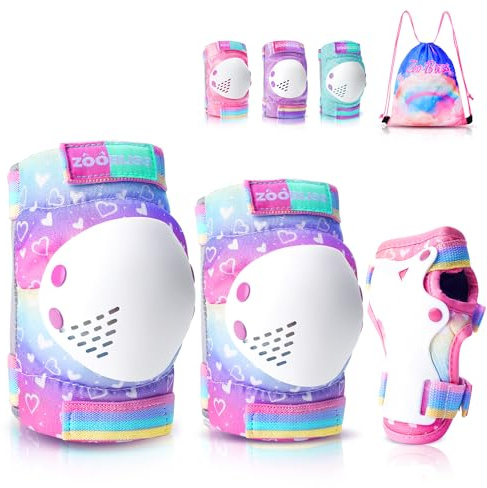 Knee Pads for Kids - ZOOBLISS Toddler Knee and Elbow Pads Set Wrist Guards for Skating Girls Aged 3-12, Kids Protective Gear for Roller Skates Skateboard Bike Scooter, Included Drawstring Bag(Rainbow)