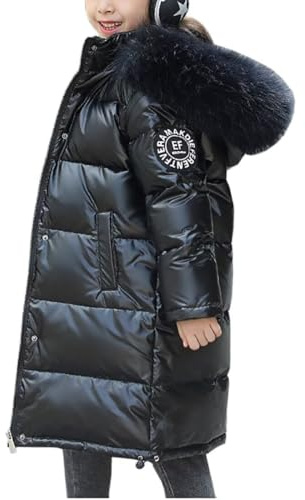 WIEAYUMEI Kids Coats Girls Boys Down Winter Jacket with Faux Fur Collar Waterproof Shiny Warm Coats Hooded Zipper Outerwear Black 12-13 Years