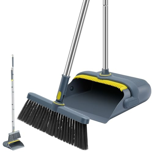 130cm Windproof Long Handled Dustpan & Brush Set, Home Vertical Dustpan Broom Combo with Comb Teeth Design, 180 Degree Rotating Sweeping Brush for Indoor, Outdoor, Lobby, Kitchen, Office, Room (Grey)