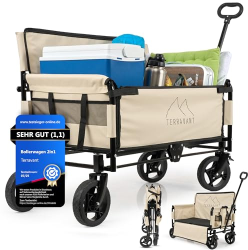 Terravant Bollerwagen Faltbar Kinder mit Bremsen und Sitzbank, Faltbarer Bollerwagen Strand, Strandwagen, Handwagen faltbar für Camping, Festivals und Ausflüge,120kg Traglast, 300L Volumen