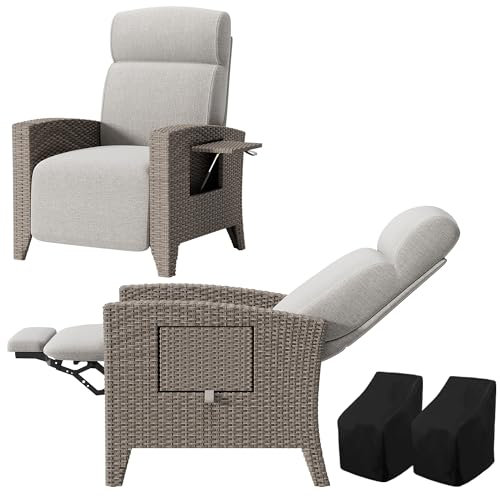 Fiutazge 2 Stück Relaxliege Gartensessel mit Liegefunktion,Sonnenliege Rattan Verstellbare Rückenlehne,Gartenmöbel Abdeckung,Liegesessel für Innen, Außeneinsatz-Braun Rattan und Beige Sitzkissen
