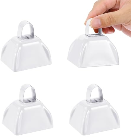 PATIKIL 4pcs Cow Bells for Football Games, 3inch Cowbells for Sporting Events Bulk Loud Noise Makers Metal Cow Bell with Handle for Cheering Competition Marathon Wedding, White