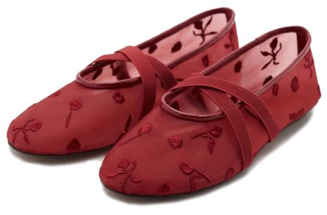 CRETUAO Ballerine da Donna in Rete,Ballerine Traspiranti alla Moda in Tulle con Ricami Floreali,Scarpe Mary Jane comode e Casual con Cinturini Elastici Incrociati,Rosso,37 EU